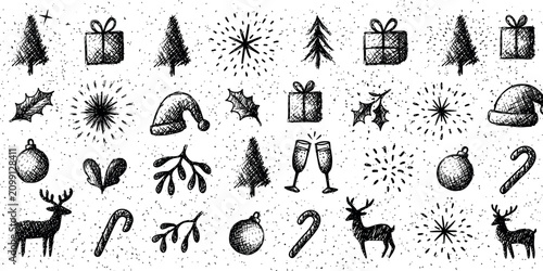 Vintage Hand Drawn Christmas Elements, Sketch Winter Holiday Doodle Vector Set.
