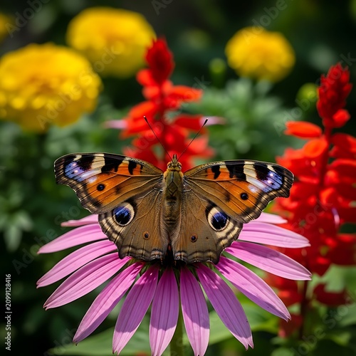 Colorful Butterfly Resting on Pink Flower in Garden Scene.