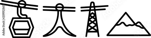 Konstfotografi Gondola lift and cable car line icons featuring a passenger cabin, support tower