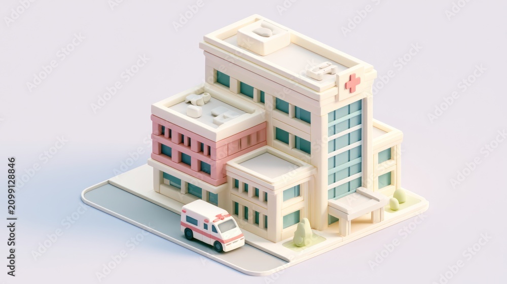 Obraz premium Pastel hospital building with red cross emblem