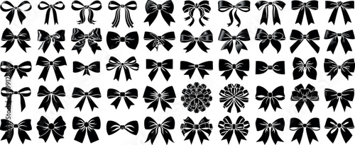 Large Collection of Black Ribbon Bow Silhouettes, Decorative Gift Tie Vector Set.