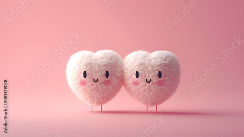 Adorable fluffy heart characters with smiling faces on soft pink background