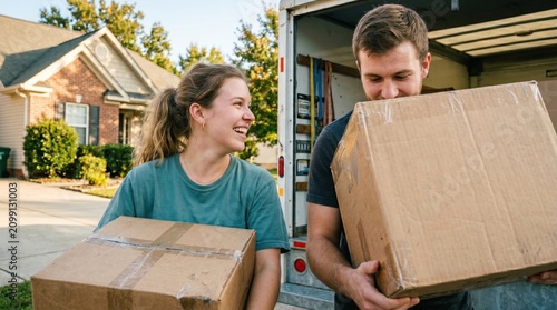 A newlywed couple moving boxes of their belongings from a truck.
