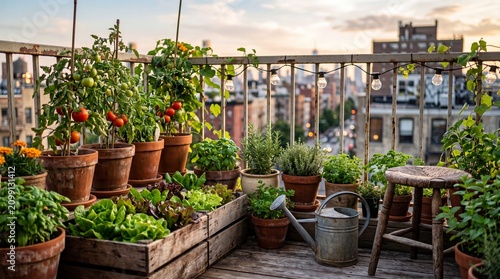 Culinary herbs and tomatoes in terracotta pots on a rooftop