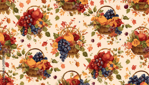 Fotografía Seamless pattern featuring autumn harvest baskets filled with colorful fruits and fall foliage on a light background
