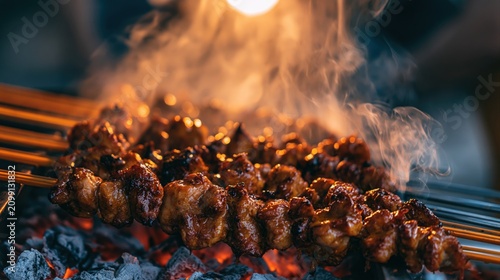 Glazed Meat Skewers Grilling over Glowing Charcoal