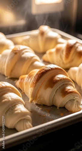 Freshly Baked Croissants on Baking Tray in Kitchen.