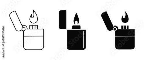 Принти на полотні Flip Top Lighter Vector Icon Set, Cigarette Lighter with Flame Outline and Silho