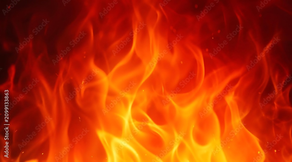 Fototapeta premium Vibrant red and orange fire flames flicker with sparks on a dark abstract background.