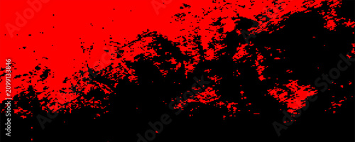 Abstract grunge texture with bright red noise and distressed paint splatters on a black background. Weathered rustic effect template for creative overlays, panoramic banners, and modern designs.