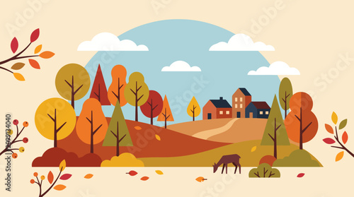Charming autumn landscape with colorful foliage on rolling hills depicting a small village serene rural setting with deer grazing peacefully under a pastel sky perfect for seasonal celebrations