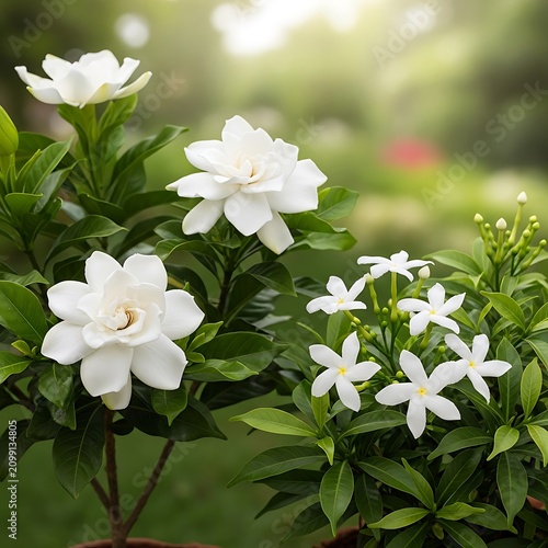 Beautiful White Gardenia Flowers Blooming in Green Garden.
