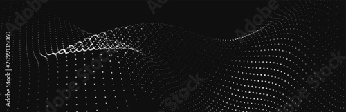 An abstract monochrome wave of glowing dots on a dark background. The illustration conveys the visualization of a data flow, a three-dimensional grid, forming a futuristic landscape of glowing particl