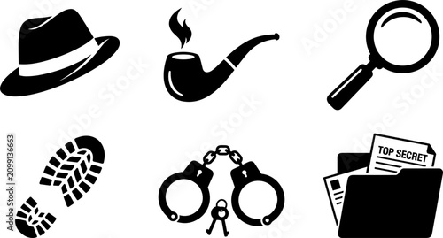 Bild auf Leinwand Detective and Secret Agent Investigation Icon Set with Fedora Hat, Smoking Pipe,