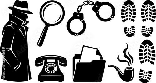 Detective and Secret Agent Investigation Icon Set with Fedora Hat Silhouette, Magnifying Glass, Handcuffs, Vintage Rotary Phone, Case File Folder, and Footprint Symbols