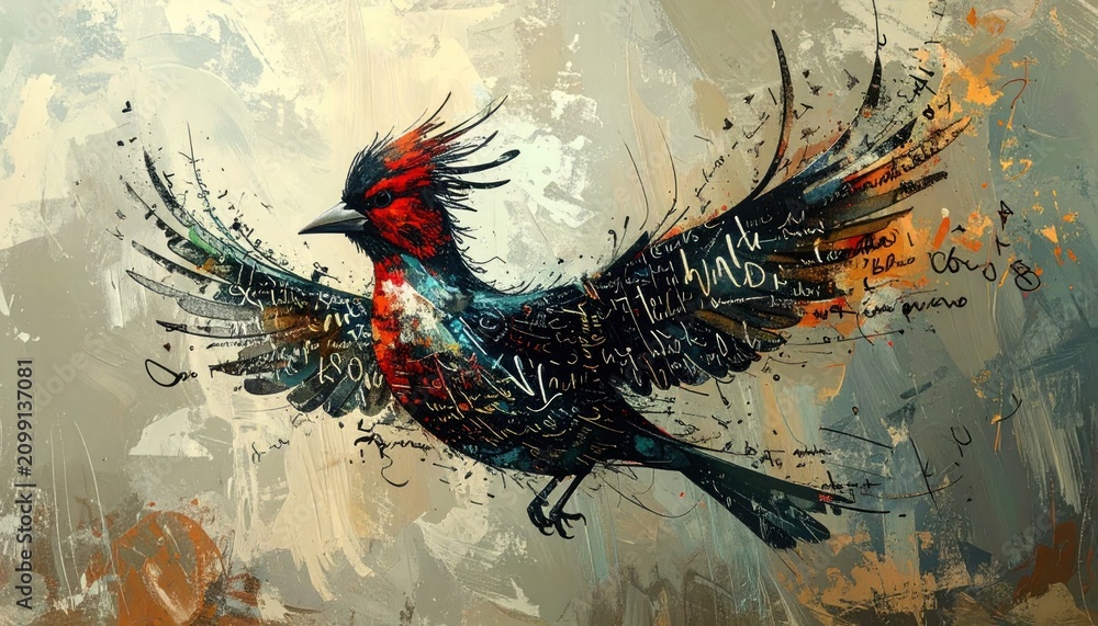 Fototapeta premium A digitally painted bird in mid-flight with words embedded in its wings