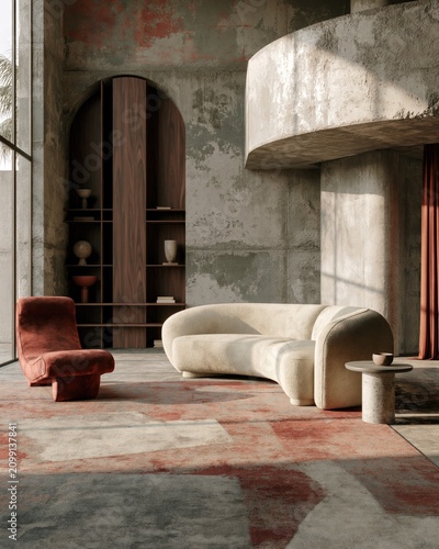 Eclectic midcentury living room with monumental Brutalist architecture