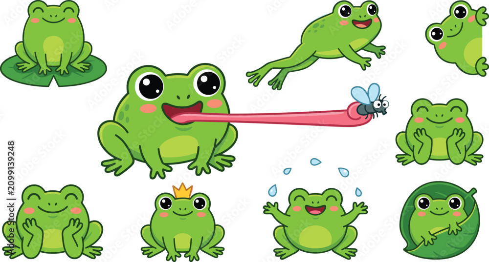 Naklejka premium Cute Green Frog Cartoon Character Set with Different Expressions Catching Fly Jumping and Wearing Crown Vector Illustration