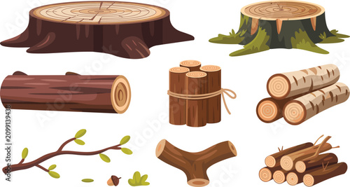 Wood Logs and Tree Stumps Vector Element Set with Birch Timber, Firewood Bundles, Snags, and Branches for Forestry and Camping Designs