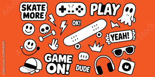 Fun doodle sticker set featuring skateboard, game controller, smiley faces, and text elements for youth culture and urban lifestyle graphic design.