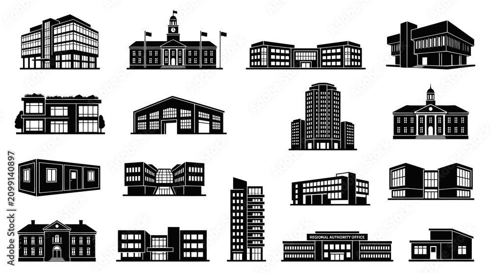 Fototapeta premium Architecture Buildings Glyph Icons Set: Various Business, Office, Government, Residential Structures in Black White Silhouette