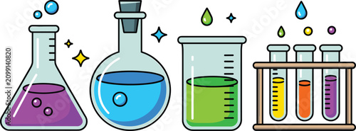 Foto Science Laboratory Glassware Icon Set with Chemistry Beaker, Erlenmeyer Flask, R