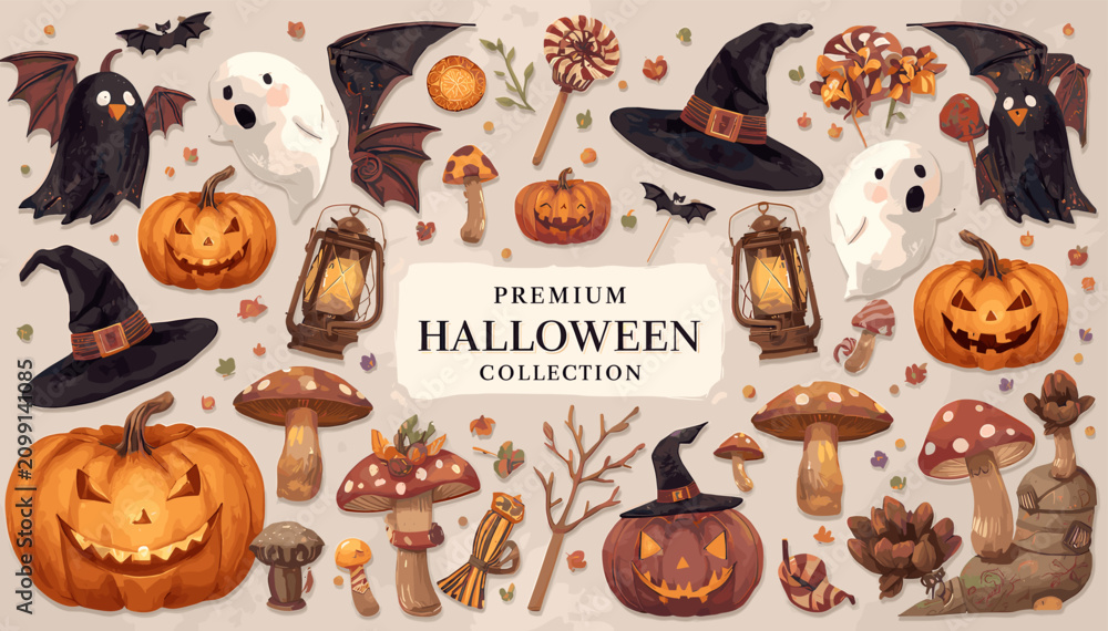 Fototapeta premium A comprehensive collection of watercolor Halloween illustrations featuring pumpkins, ghosts, witch hats, bats, and other spooky autumn elements.