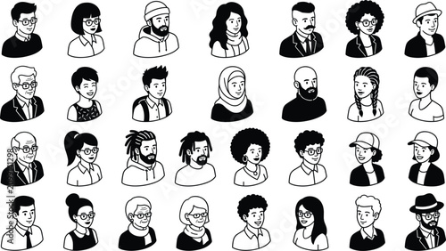 Diverse multicultural people characters avatars hand drawn set, line vector icons on white background