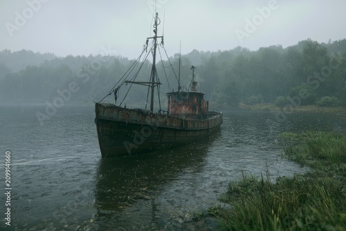 222minimal advertising background with abandoned trawler in stor severe weather, rough waves and