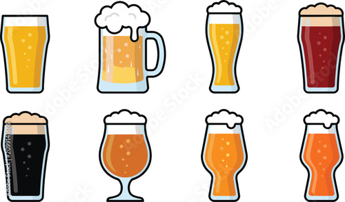 Konstfotografi Beer glasses and traditional ceramic steins mugs collection, pub vector illustra