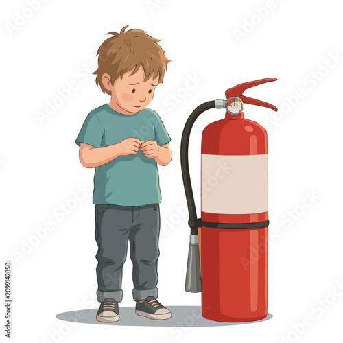 Foto A distressed young boy cautiously approaches an adult-sized fire extinguisher, conveying fear and vulnerability