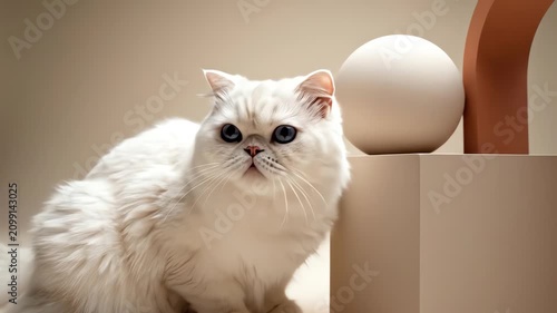 White persian cat explores minimalist geometric studio setting