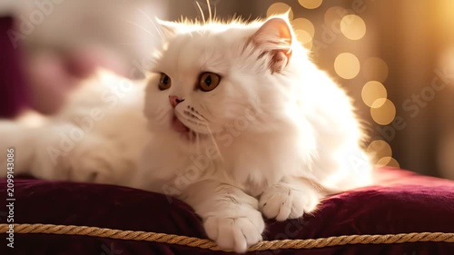 Majestic white persian cat relaxing on a red velvet cushion