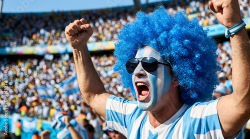 Enthusiastic male supporter with blue afro wig and striped face paint cheering with raised fists in a crowded stadium during an international soccer match or sports event.