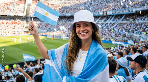 Smiling young woman holding a small Argentina flag and draped in a larger national flag while wearing a white bucket hat at a crowded soccer stadium during an international match.