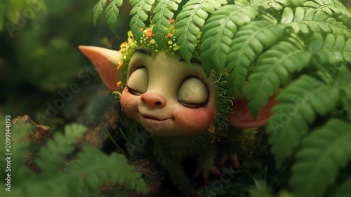 Cute little forest elf character with green moss and fern hair looking at camera