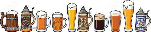 Konstfotografi Beer glasses and traditional ceramic steins mugs collection, pub vector illustra