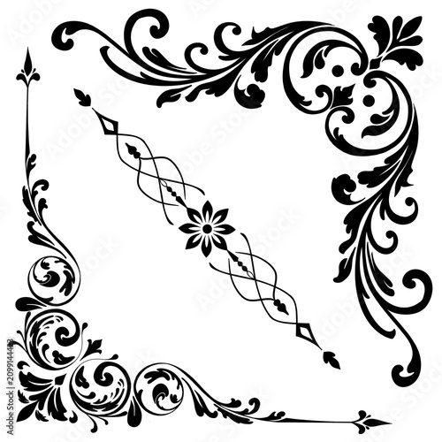 Vintage ornamental floral corner border set with elegant swirl flourishes and decorative frame elements isolated on transparent background