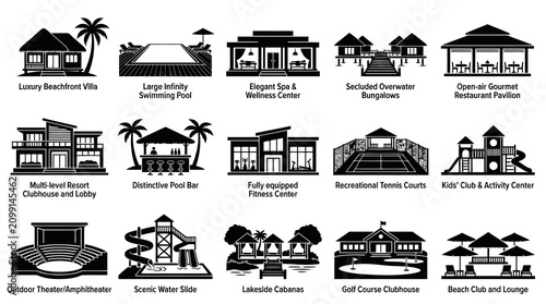 Hospitality Resort  Hotel Amenities Black and White Glyph Icons - Vacation Facilities Vector Collection