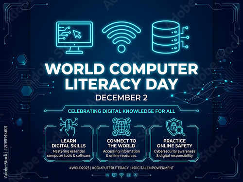 High-tech graphic featuring neon blue computer, Wi-Fi, and database icons commemorating World Computer Literacy Day.