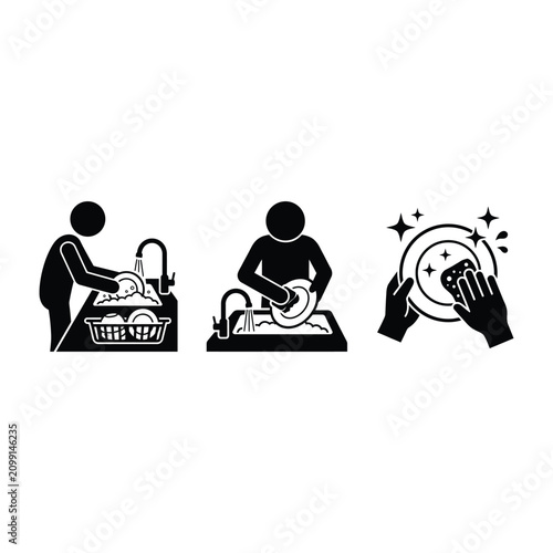 Tableau sur toile People washing dishes in kitchen sink with hands and soap
