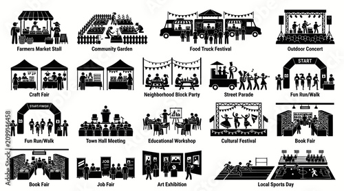 Community Events and Public Social Gatherings Black  White Glyph Vector Icon Set