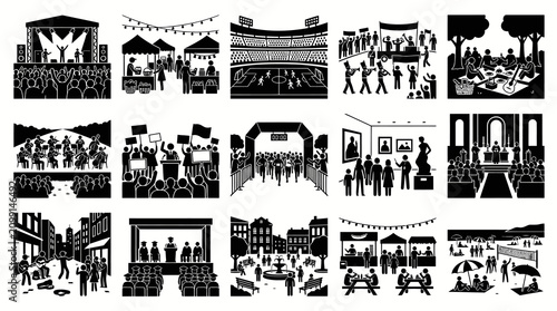 Public Events and Social Gatherings Glyphs. Silhouette Icons of People at Concerts, Sports, Markets, Rallies, Festivals.