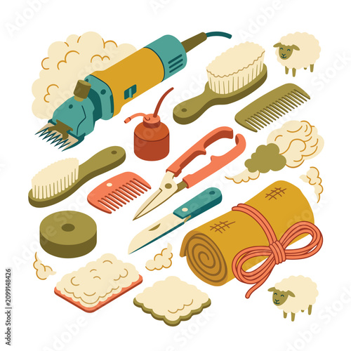 Slika na platnu Sheep shearing tools and equipment illustration.