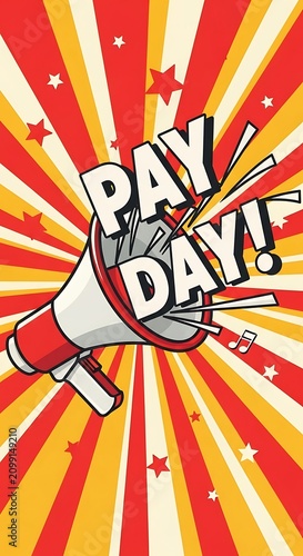 Celebratory Pay Day Announcement with Megaphone and Bright Background.