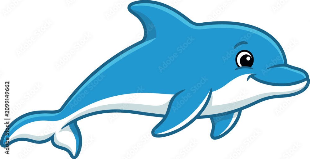 Fototapeta premium Cute blue dolphin cartoon character vector illustration swimming with a happy smiling expression isolated on white background for kids graphic design