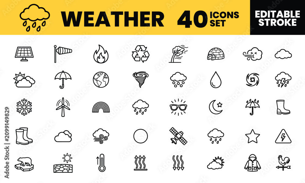 Obraz premium A professional set of forty weather line icons depicting atmospheric conditions with bright sun and rain for app interfaces.