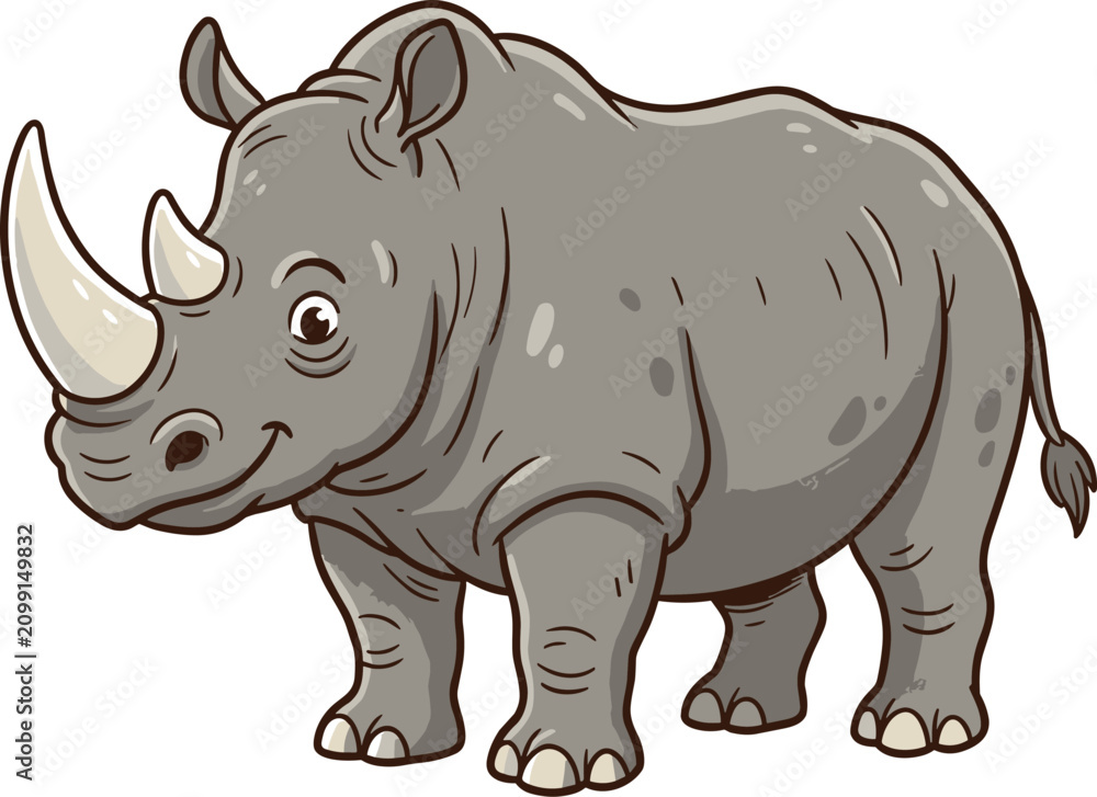 Fototapeta premium Cute cartoon rhinoceros character vector illustration standing with a friendly expression isolated on plain white background for kids education graphic design