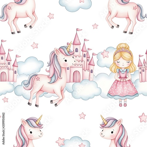 Whimsical Unicorn and Princess Fantasy Scene Illustration.