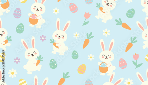 Soft blue Easter seamless pattern displaying cute white rabbits holding carrots and painted eggs amidst pink tulips.